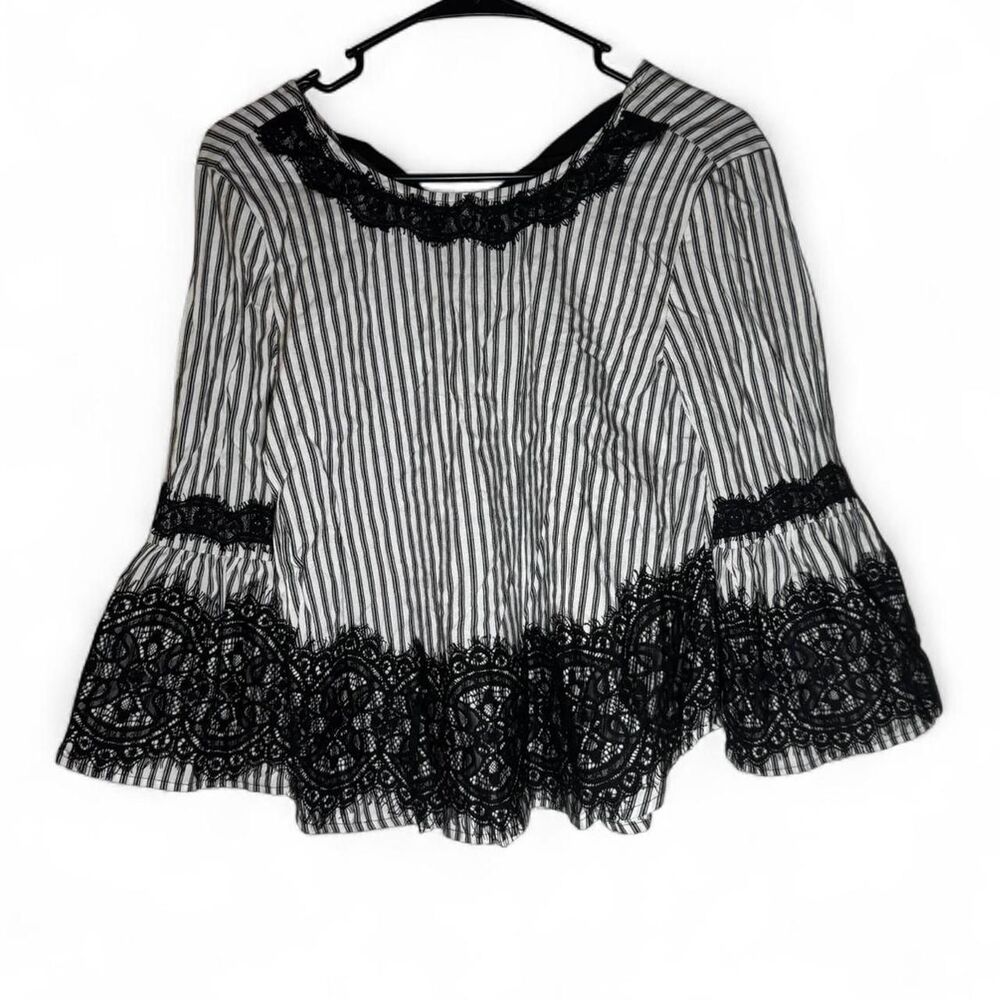 NWT Star Style Black White Striped Blouse Small Lace Bell Sleeve